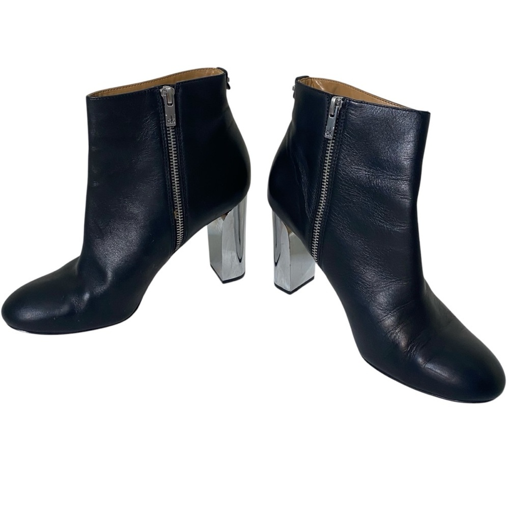 CALVIN KLEIN Savana Limited Edition Mirror Heel Black Leather Booties Sz 9 *Flaw - Picture 2 of 14